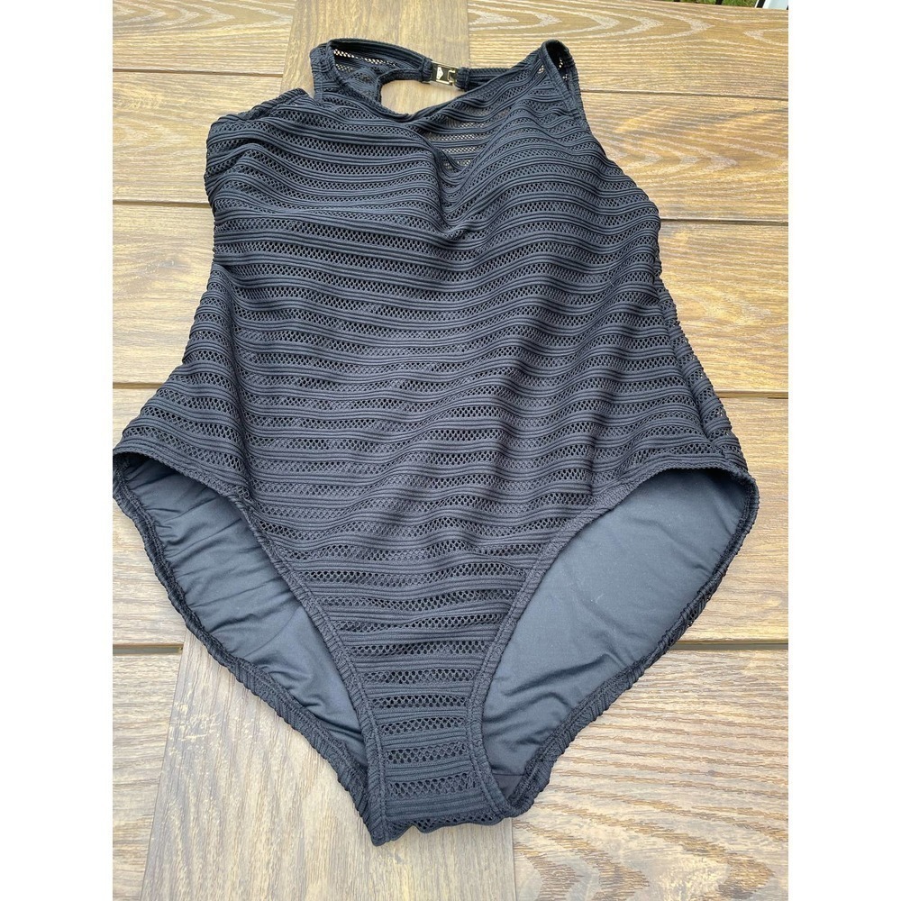 Ralph Lauren Black Mesh One piece bathing suit High neck 18 W